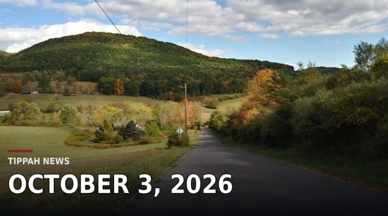 Rural road winding past green hills and trees showing early fall color under a partly cloudy sky, a file image for the weather outlook