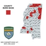 Fire Prevention Week Opens With Tippah Burn Ban in Place Mississippi Forestry Commission county burn ban map showing Tippah and Benton counties under burn bans as Fire Prevention Week begins