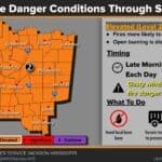 Mississippi News Report — Wednesday, Oct 14: Guntown, Fire Danger NWS Jackson map showing Elevated Level 2 fire danger for Mississippi through Saturday, with open burning discouraged and Friday gusts expected to worsen conditions.