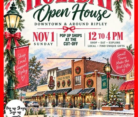 Ripley Holiday Open House flyer for Sunday, Nov. 1, from 12 to 4 p.m. with pop-up shops at The Cut-Off