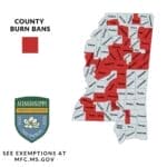 Tippah County Burn Ban Stays as Cold Front Brings Dry Wind Mississippi Forestry Commission map showing the Tippah County burn ban and other counties in red as of Oct. 15, 2026