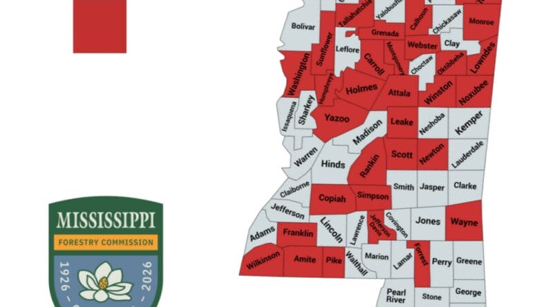 Mississippi Forestry Commission county burn ban map from Oct. 18, 2026, with Tippah County no longer shaded red