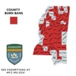 Tippah County Burn Ban Back in Effect Through Nov. 21 Mississippi Forestry Commission map showing the Tippah County burn ban and other county burn bans as of Oct. 21, 2026