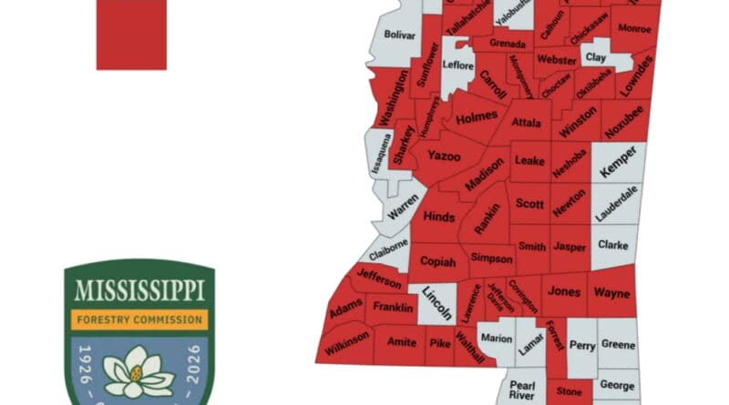 Mississippi Forestry Commission map showing the Tippah County burn ban and other county burn bans as of Oct. 21, 2026