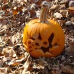 Tippah County Halloween Forecast: Warm Friday, Showers Saturday Carved jack-o'-lantern pumpkin sitting in dry fall leaves, illustrating the Tippah County Halloween forecast