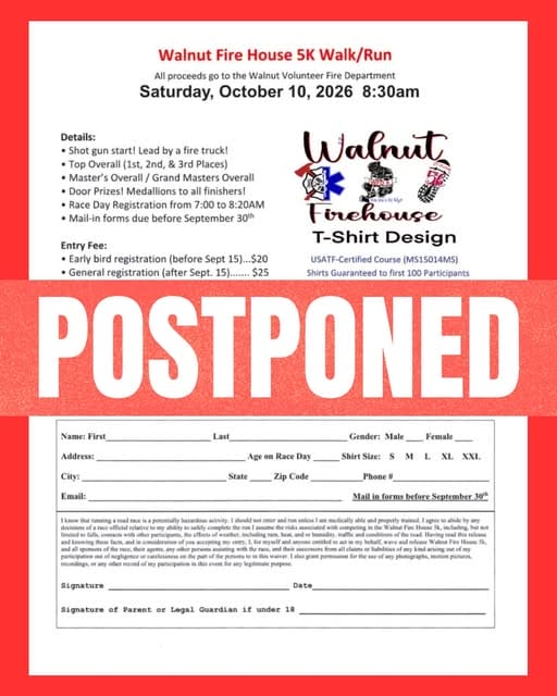 Walnut Firehouse 5K walk/run flyer marked postponed